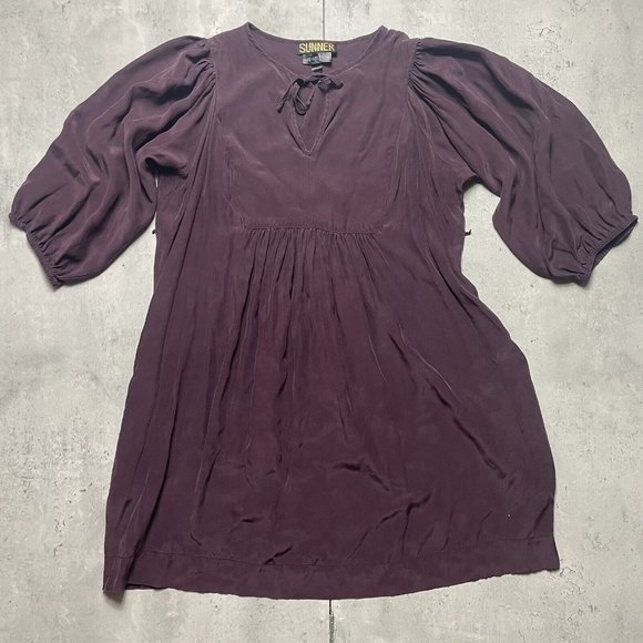 Sunner Pea In A Pod Women's Sz L Tie Short Sleeve Silk Blouse Dress Tunic Purple - Picture 1 of 7